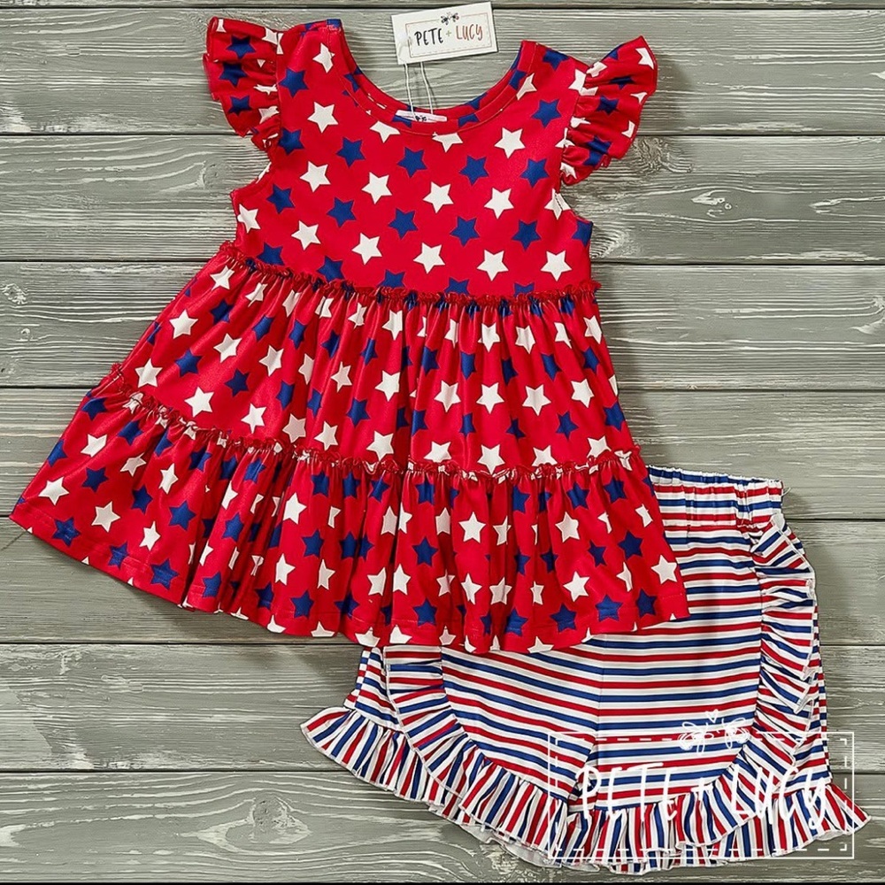 Pete and Lucy Toddler Girls Red Star Top and Striped Shorts Set